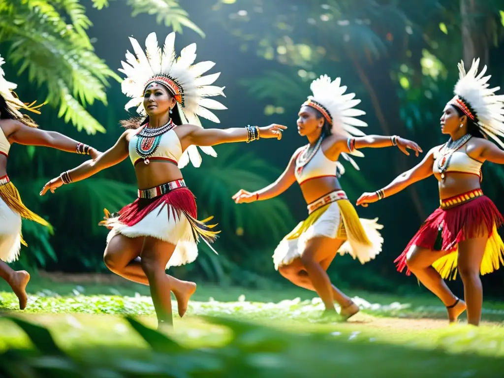 Grupo de bailarines indígenas en trajes tradicionales realizan danza ancestral en la naturaleza, software educativo conservación danzas ancestrales