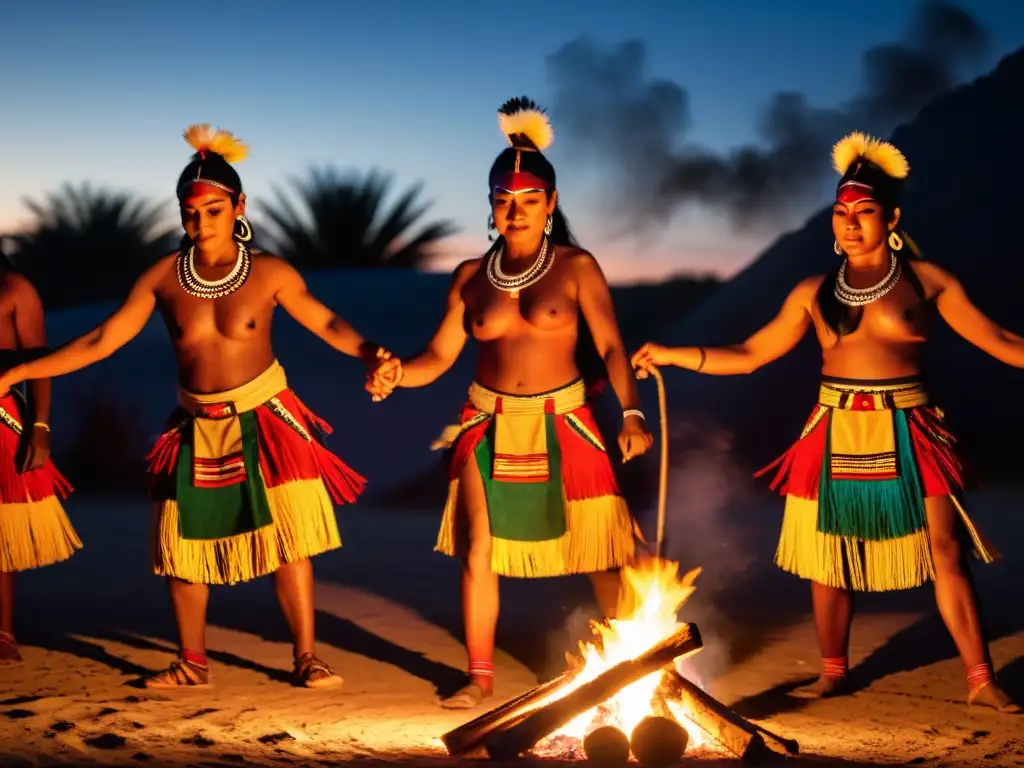 Grupo de bailarines indígenas en trajes tradicionales danzando alrededor de una fogata, expresando gracia y fuerza al ritmo de la música ritual