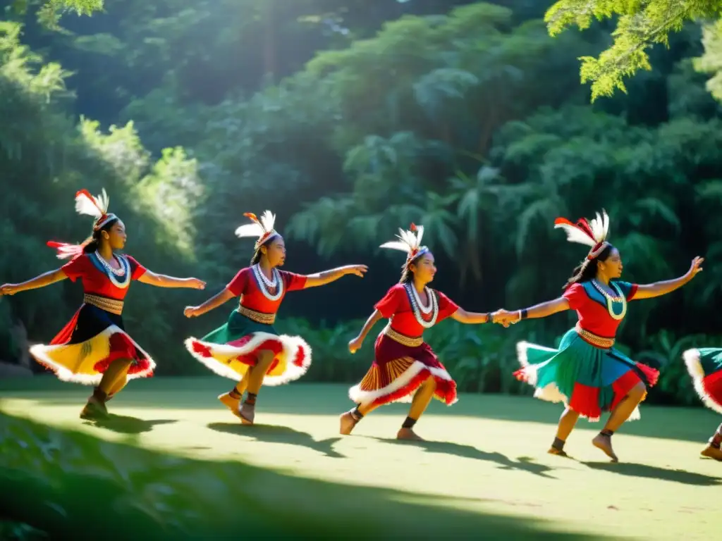 Grupo de bailarines indígenas danzando en trajes tradicionales en un claro soleado, rodeados de exuberante vegetación