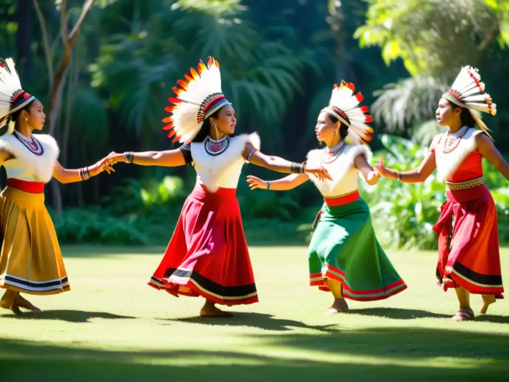 Grupo de bailarines indígenas en trajes tradicionales realizan danza ceremonial en un claro soleado, rodeados de exuberante vegetación