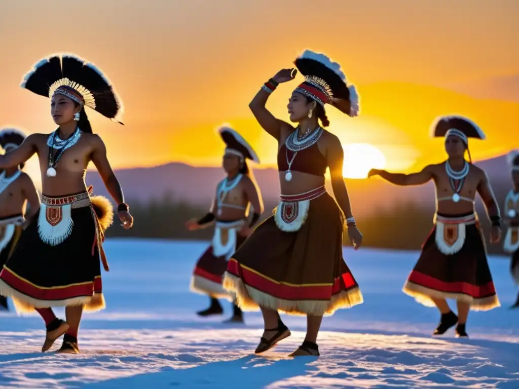 Grupo de bailarines indígenas en trajes tradicionales realizando una danza vibrante bajo el cielo abierto al atardecer, capturando la preservación de danzas autóctonas