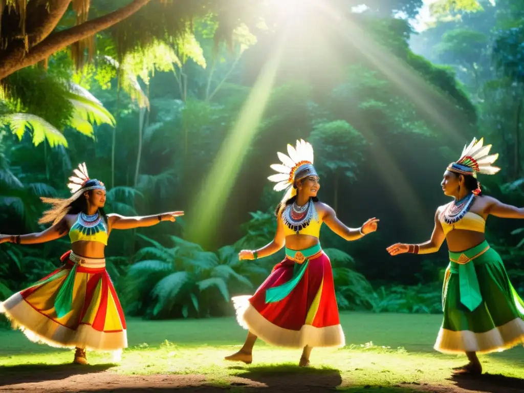 Grupo de bailarines indígenas en trajes tradicionales, danza ceremonial en el bosque