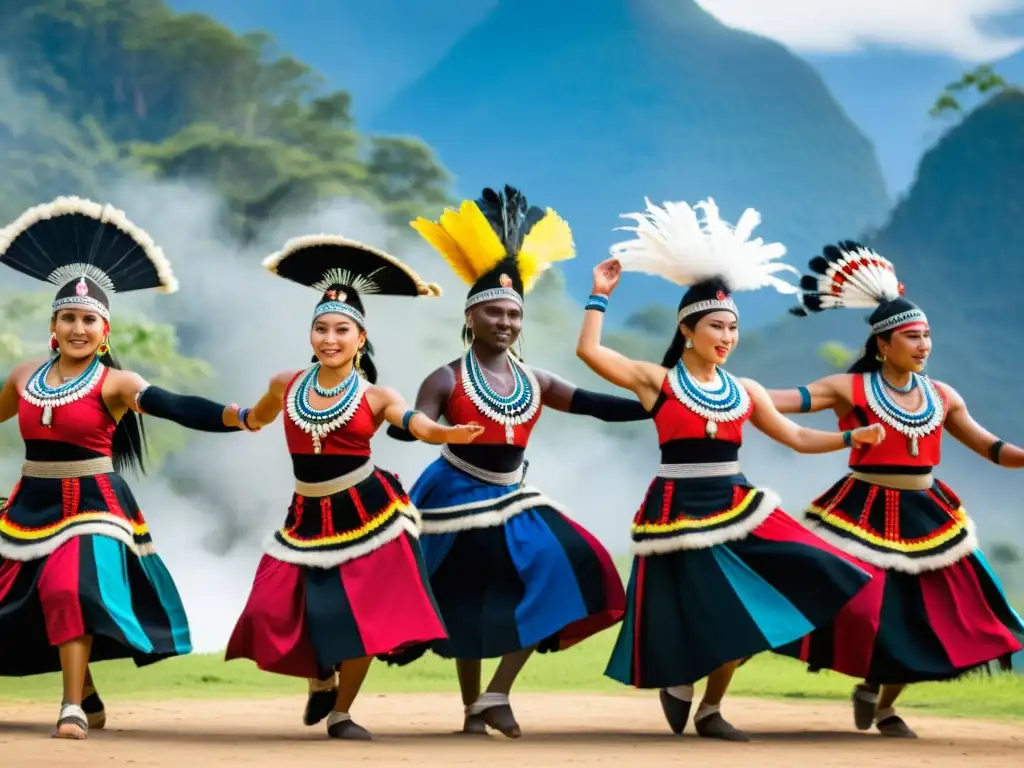 Grupo de bailarines indígenas en trajes tradicionales coloridos realizando danza ceremonial al ritmo de tambores