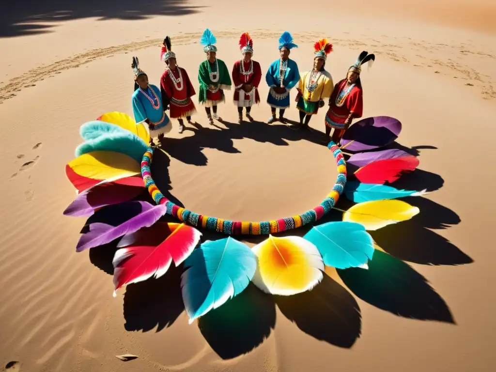 Un grupo de bailarines indígenas con trajes vibrantes y ricamente bordados, representando el significado cultural del vestuario en danzas antiguas