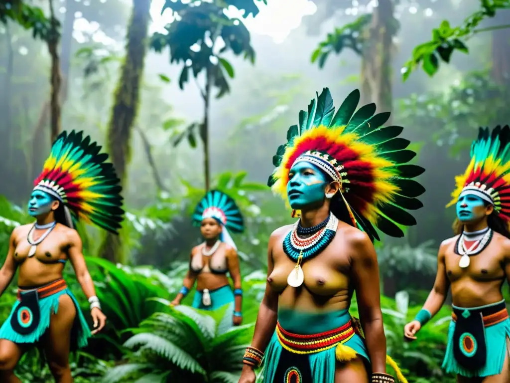 Grupo de bailarines indígenas en trajes tradicionales danzando en la selva