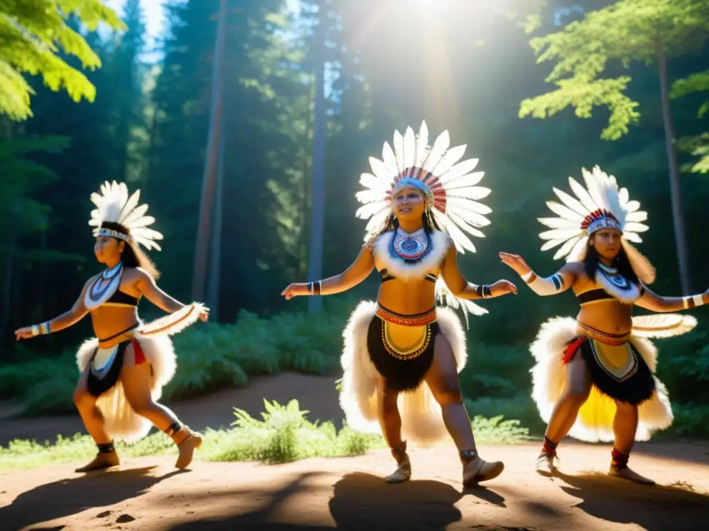 Danza ceremonial indígena en la selva Grupo de bailarines indígenas en trajes tradicionales realizando una danza ceremonial en el bosque