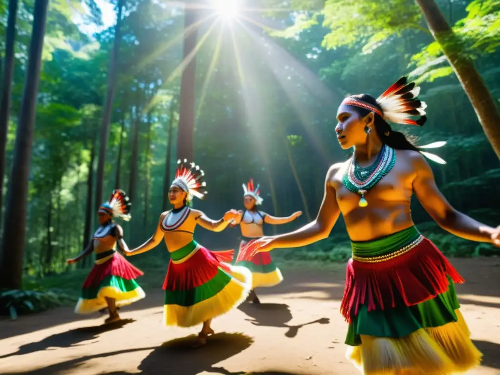 Grupo de bailarines indígenas en trajes tradicionales danzando en un claro soleado del bosque, mostrando el significado cultural de danzas ancestrales