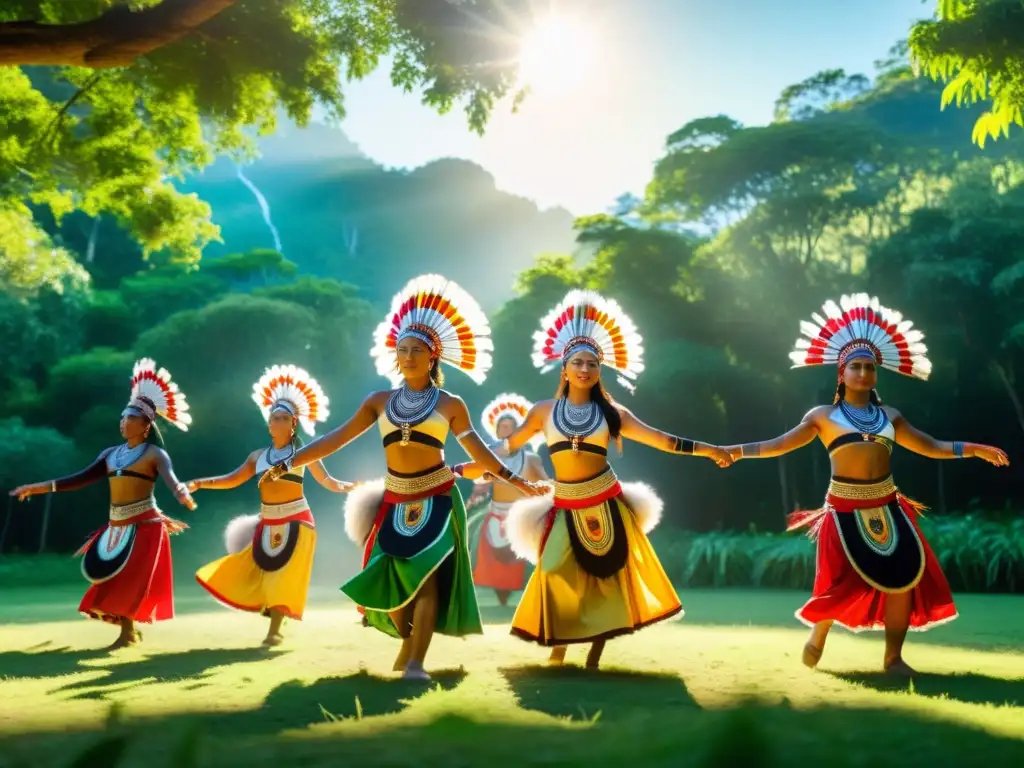 Un grupo de bailarines indígenas en trajes tradicionales ejecutando una danza ceremonial en un claro soleado rodeado de exuberante vegetación