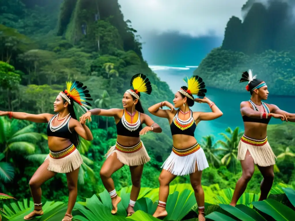 Grupo de bailarines indígenas en trajes tradicionales, narrando historias a través del baile en Oceanía con movimientos vibrantes y expresiones auténticas en la selva tropical