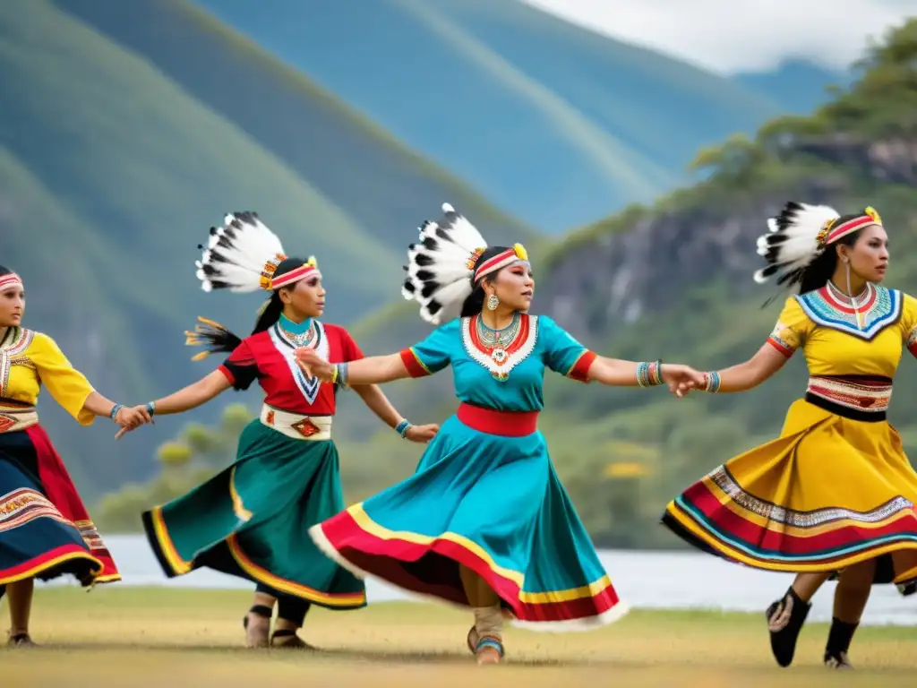 Grupo de bailarines indígenas danzando con trajes tradicionales en un paisaje natural, reflejando el significado cultural de las danzas