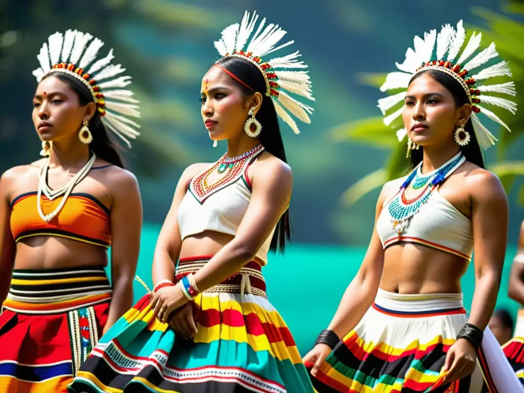 Un grupo de bailarines indígenas con trajes tradicionales adornados con cuentas y bordados coloridos