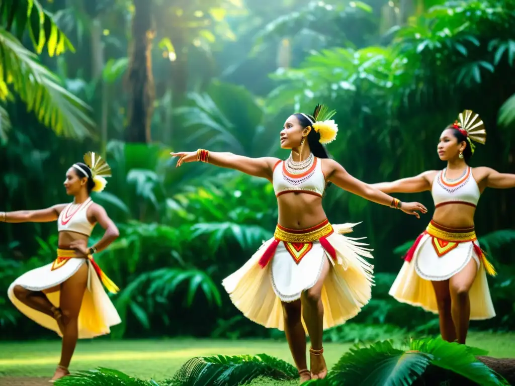 Un grupo de bailarines indígenas en trajes tradicionales vibrantes realiza una danza hipnotizante en un exuberante bosque tropical