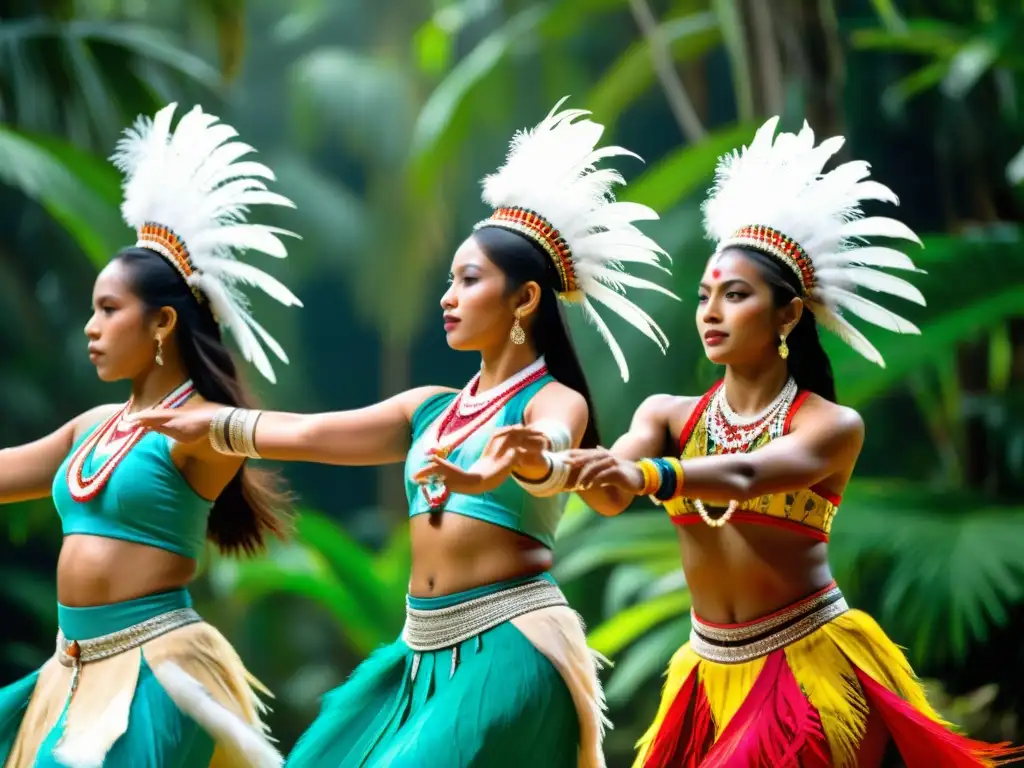 Grupo de bailarines indígenas con trajes tradicionales en festival de Oceanía en la selva tropical