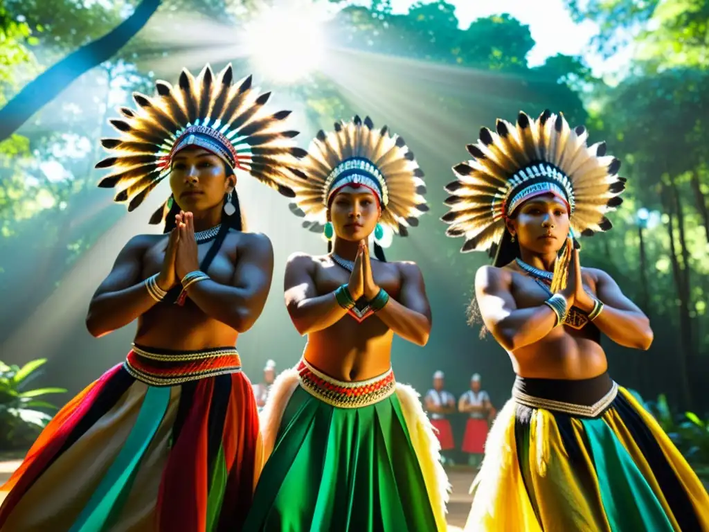 Grupo de bailarines indígenas en trajes vibrantes y tocados intrincados, danzando en la selva