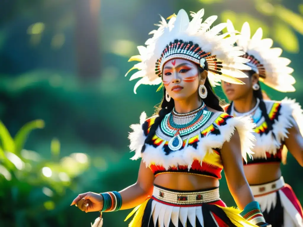 Un grupo de bailarines indígenas con trajes coloridos y plumas realizan una danza ceremonial en medio de exuberante vegetación