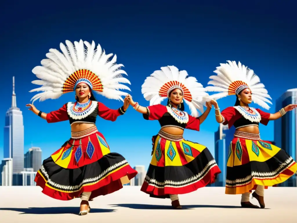 Grupo de bailarines indígenas con trajes vibrantes, reflejando el impacto de la moda global en la vestimenta de danza tradicional
