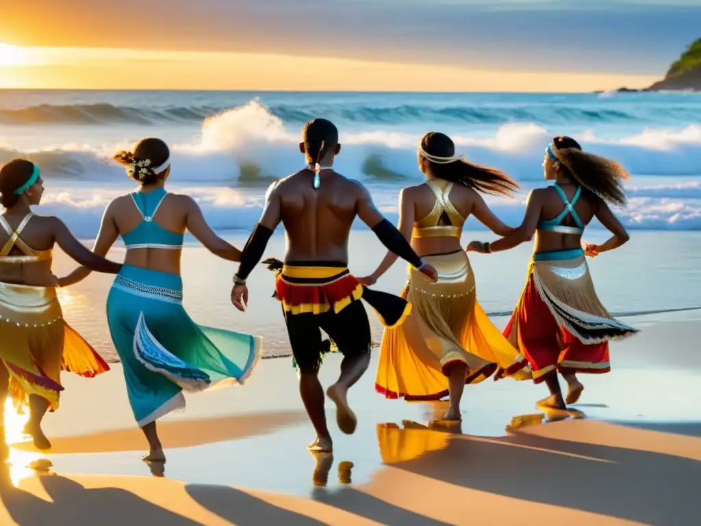 Grupo de bailarines indígenas en trajes vibrantes inspirados en el océano, realizando una danza tradicional en la playa al atardecer, rodeados por el poder curativo de las danzas oceánicas