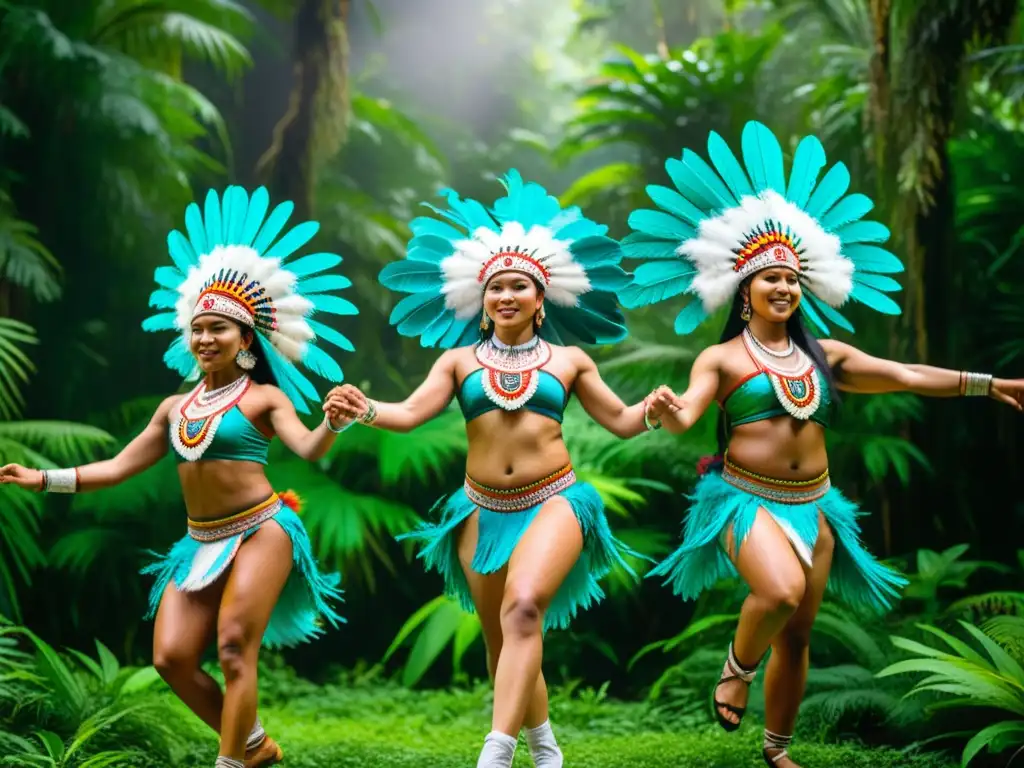 Grupo de bailarines indígenas con trajes coloridos y detallados, danzando en la selva