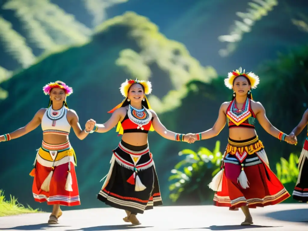 Grupo de bailarines indígenas en trajes étnicos sostenibles danzando en un entorno natural exuberante