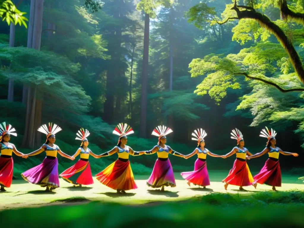 Grupo de bailarines indígenas con trajes étnicos sostenibles danzan en el bosque, reflejando respeto por la naturaleza