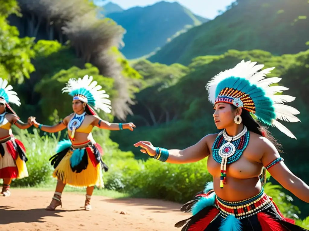 Grupo de bailarines indígenas en trajes ceremoniales coloridos y detallados, realizando danza ritual en entorno natural vibrante