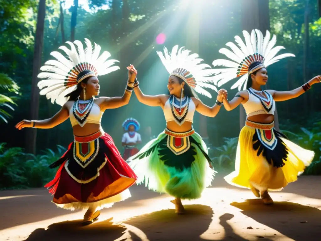 Grupo de bailarines indígenas en trajes tradicionales danzando en un claro del bosque, exudando significado y función ritual en su vestimenta