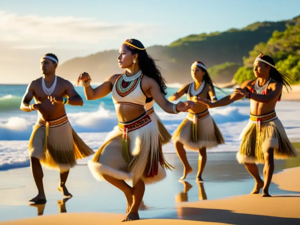 Grupo de bailarines indígenas en trajes tradicionales de Oceanía realizando un ritual de danza hipnotizante en la playa, con el significado cultural de la danza en Oceanía