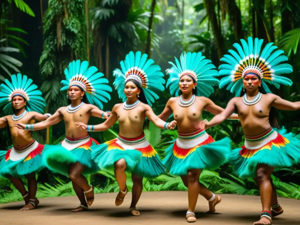 Un grupo de bailarines indígenas en trajes tradicionales ejecuta una danza vibrante y enérgica en la exuberante selva tropical