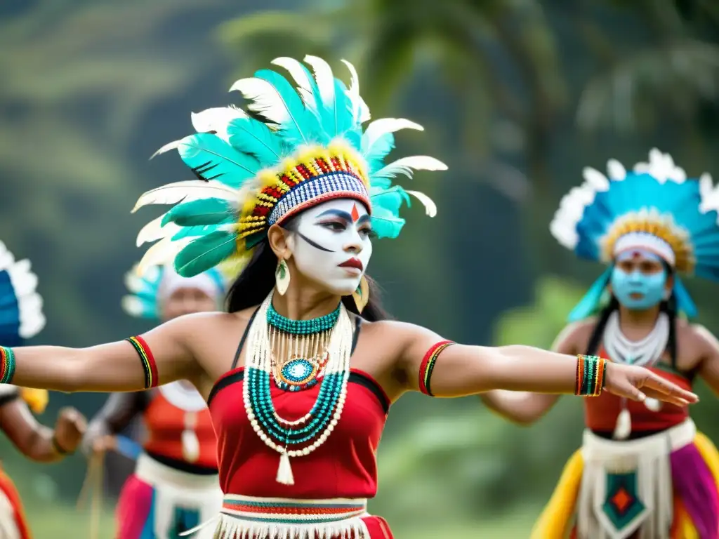 Grupo de bailarines indígenas en trajes tradicionales, danza ceremonial en la naturaleza