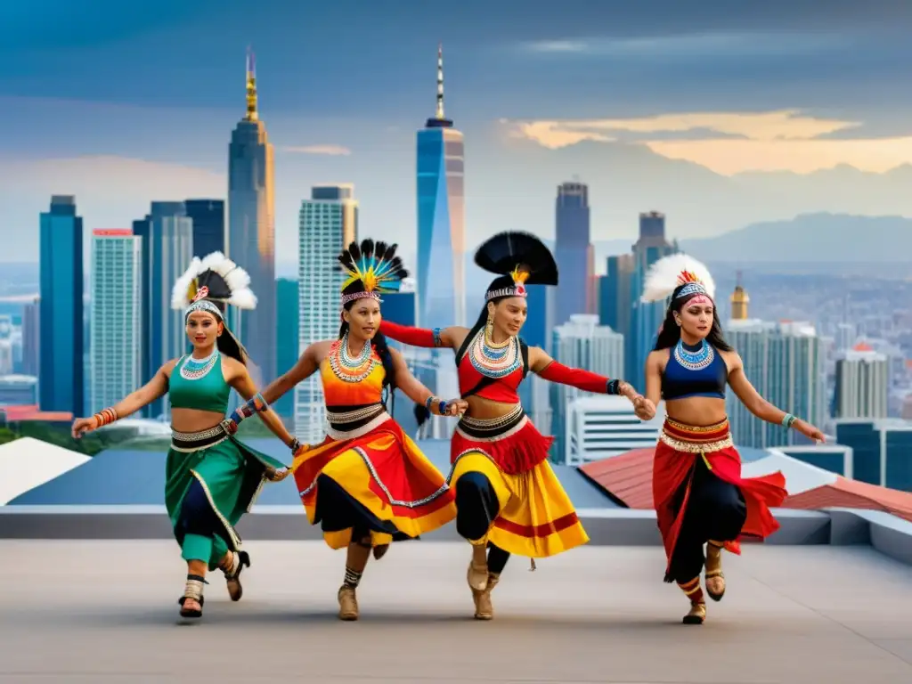 Un grupo de bailarines indígenas con trajes tradicionales danzando en la ciudad, mostrando el impacto de la globalización en las danzas tradicionales