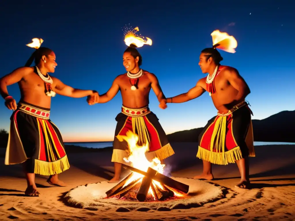 Un grupo de bailarines indígenas, con trajes tradicionales coloridos, bailando alrededor de una fogata