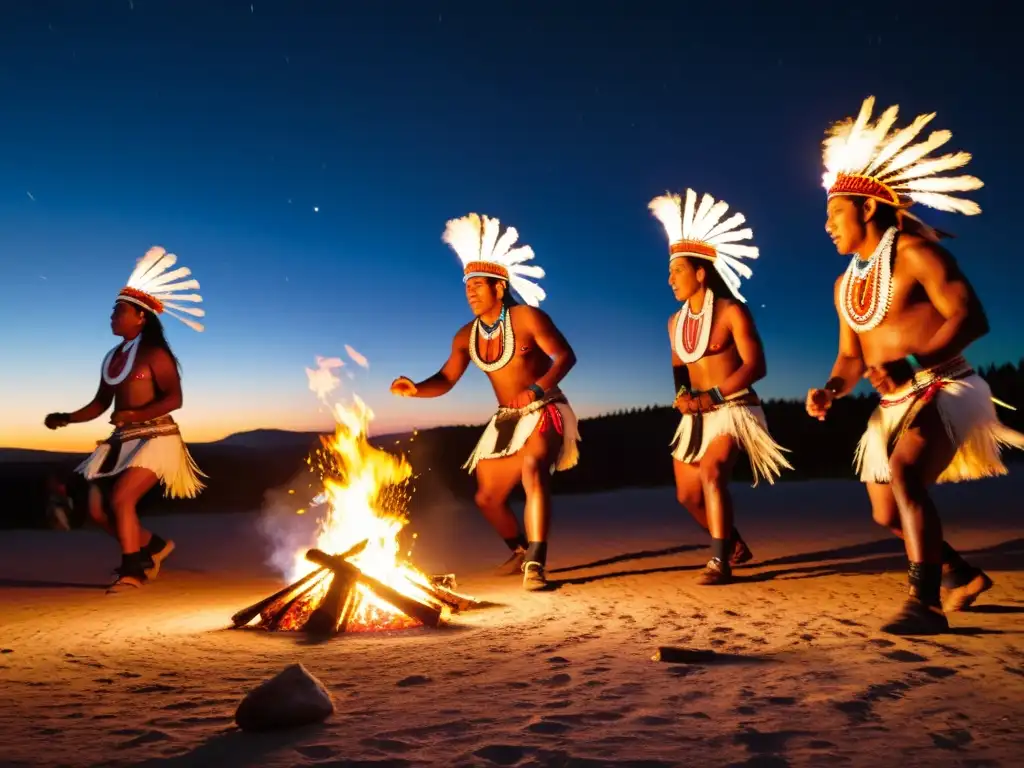 Grupo de bailarines indígenas en trajes tradicionales vibrantes realizando danza ceremonial alrededor de fogata nocturna