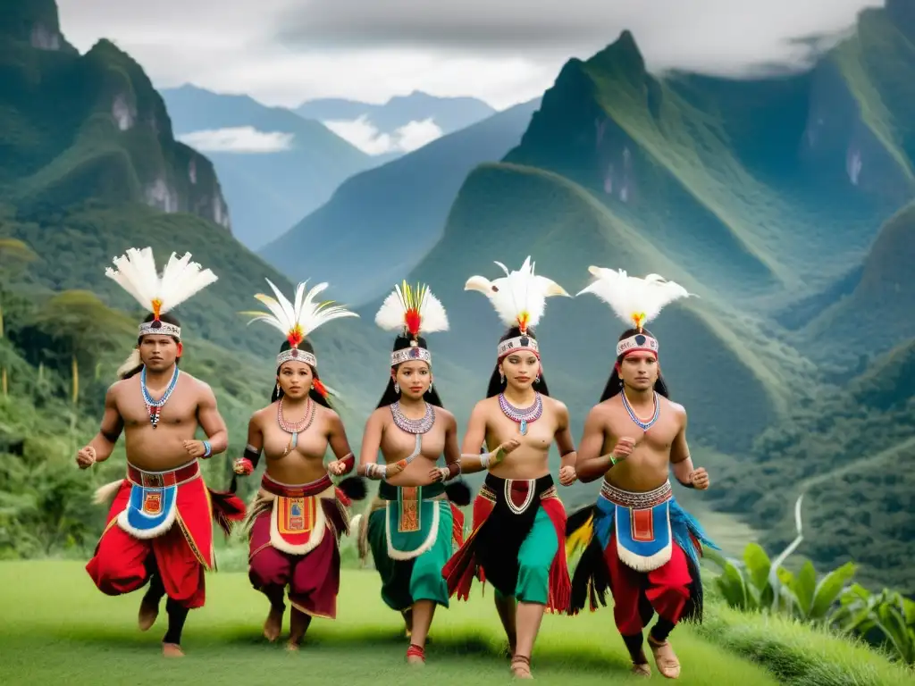 Grupo de bailarines indígenas en trajes tradicionales, danzas ancestrales en paisaje natural