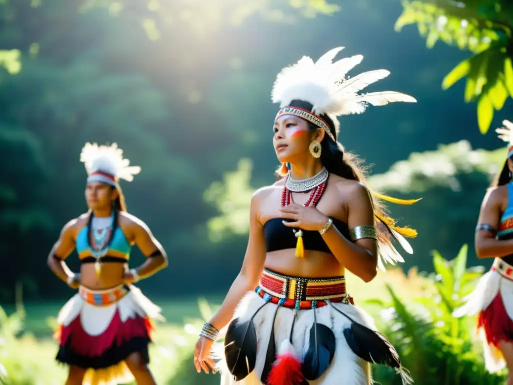 Grupo de bailarines indígenas en trajes tradicionales, danza sagrada en la naturaleza