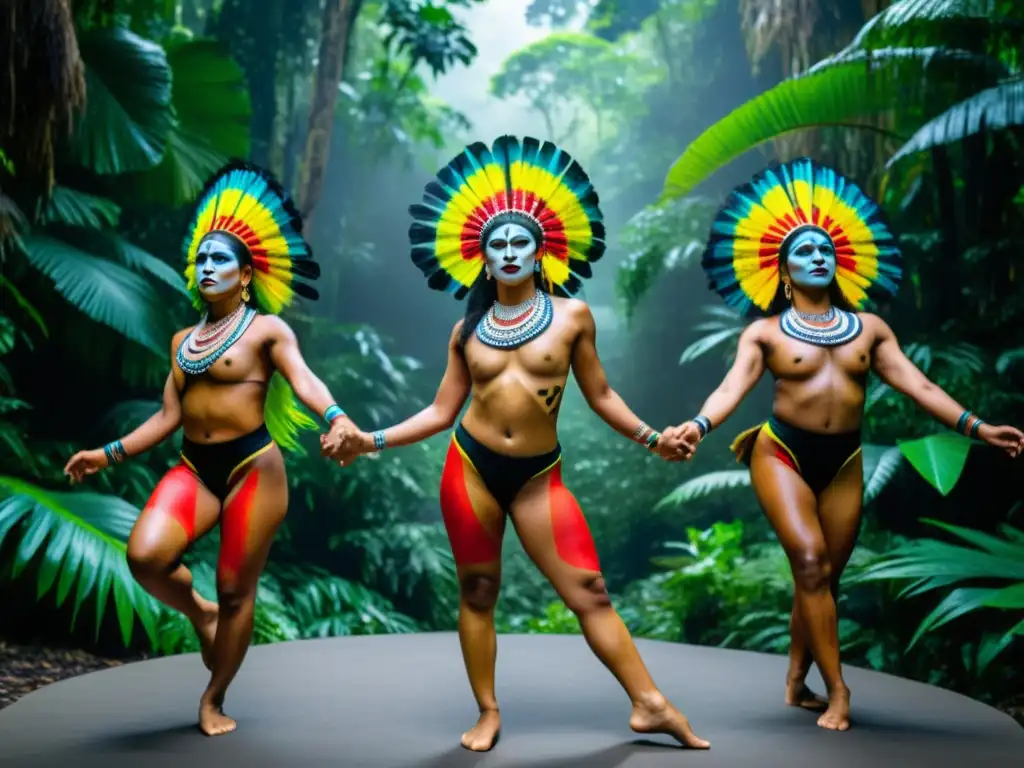 Grupo de bailarines indígenas en trajes tradicionales danza contemporánea impacto tradiciones indígenas en la selva exuberante