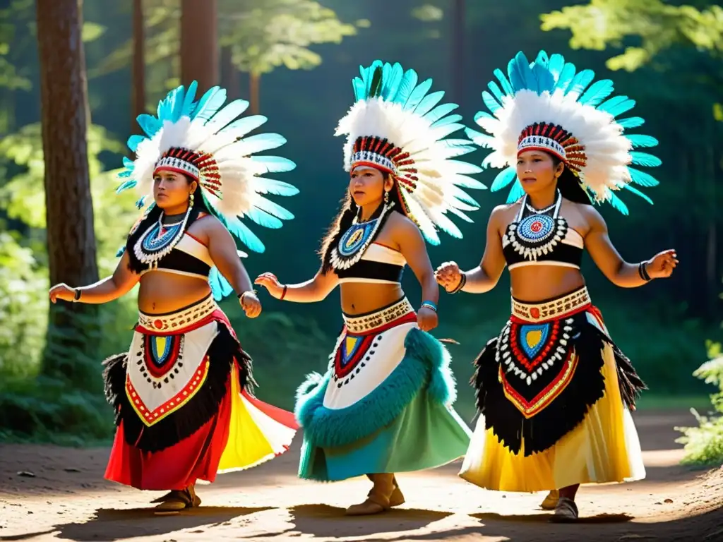 Grupo de bailarines indígenas con trajes tradicionales de significado cultural, danzando en el bosque bajo la luz del sol