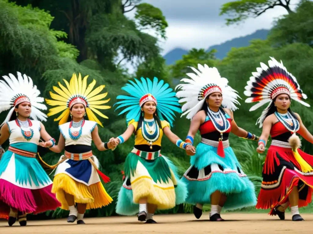 Un grupo de bailarines indígenas vistiendo trajes tradicionales vibrantes, realizando una danza ancestral