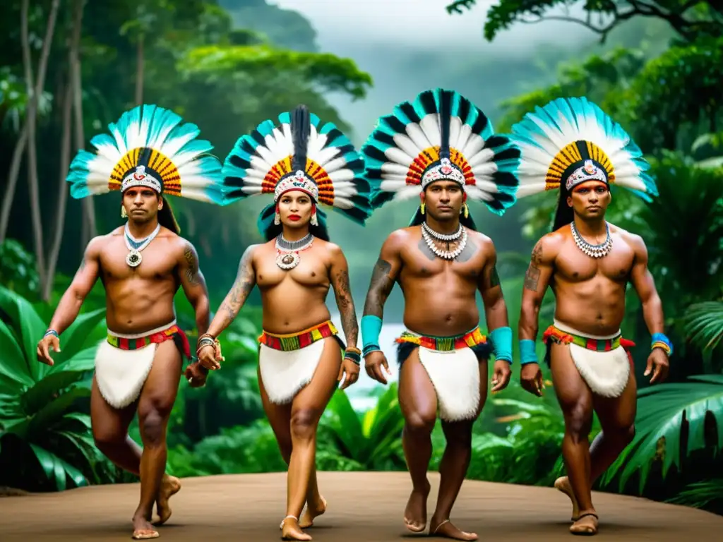 Un grupo de bailarines indígenas de Oceanía en trajes tradicionales vibrantes, realizando una danza cultural en la selva tropical