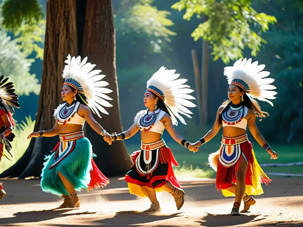 Un grupo de bailarines indígenas en trajes tradicionales vibrantes realiza una danza ancestral sagrada en un claro soleado rodeado de árboles antiguos, capturando movimientos llenos de poder y gracia para honrar su herencia cultural