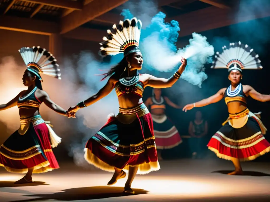 Grupo de bailarines indígenas en trajes tradicionales realizando danza ceremonial en ambiente ahumado