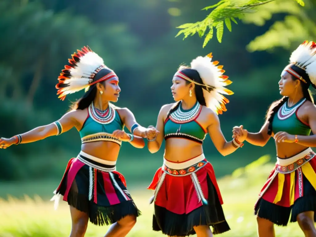 Un grupo de bailarines indígenas con trajes tradicionales realiza una danza ceremonial en un claro soleado, rodeado de exuberante vegetación