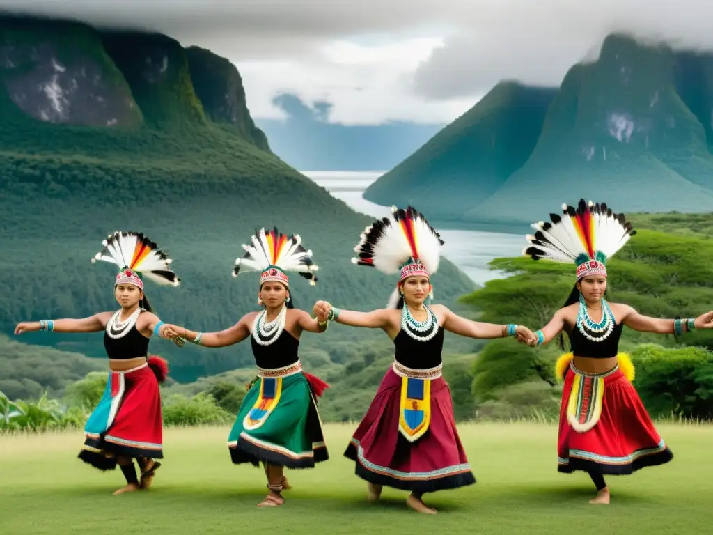 Grupo de bailarines indígenas en trajes tradicionales, ejecutando danzas ancestrales con significado cultural en un paisaje exuberante