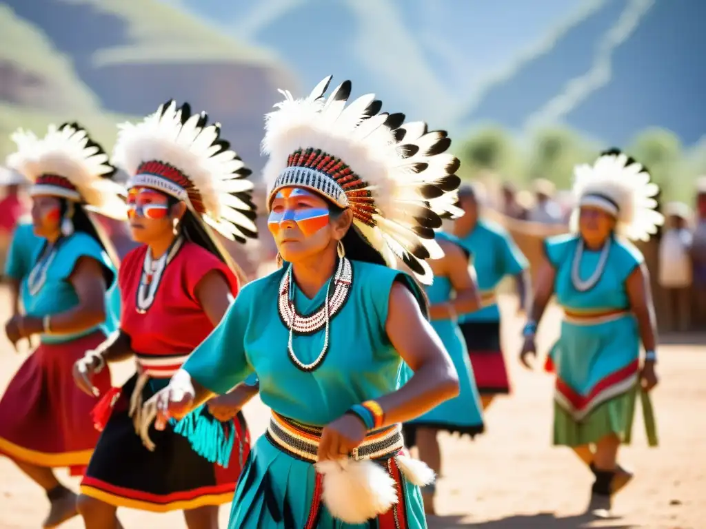 Grupo de bailarines indígenas con trajes tradicionales vibrantes realizando danza ceremonial en una aldea remota