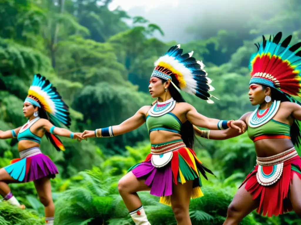 Grupo de bailarines indígenas en trajes tradicionales, danza vibrante en el bosque