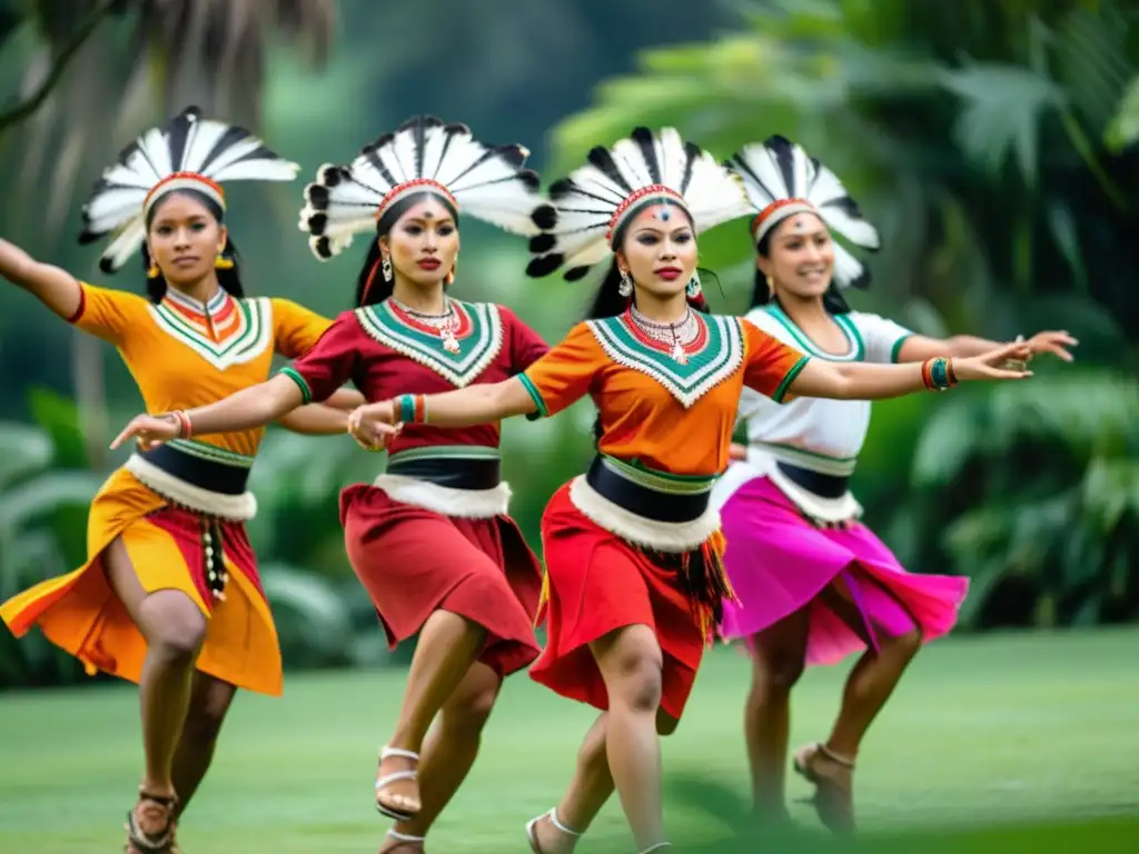 Grupo de bailarines indígenas en trajes tradicionales, danzas ancestrales significado cultural en medio de exuberante vegetación