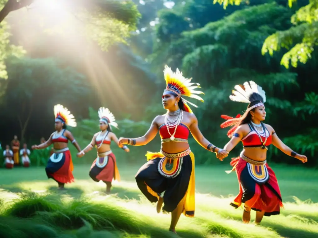 Un grupo de bailarines indígenas en trajes tradicionales realiza una danza sagrada en un claro soleado, rodeado de exuberante vegetación