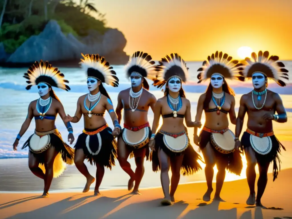 Grupo de bailarines indígenas en trajes tradicionales de Oceanía, danza al atardecer en la playa, mostrando la conexión entre instrumentos musicales y la danza de Oceanía