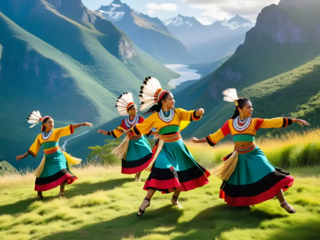 Grupo de bailarines indígenas en trajes tradicionales vibrantes, danza en paisaje natural