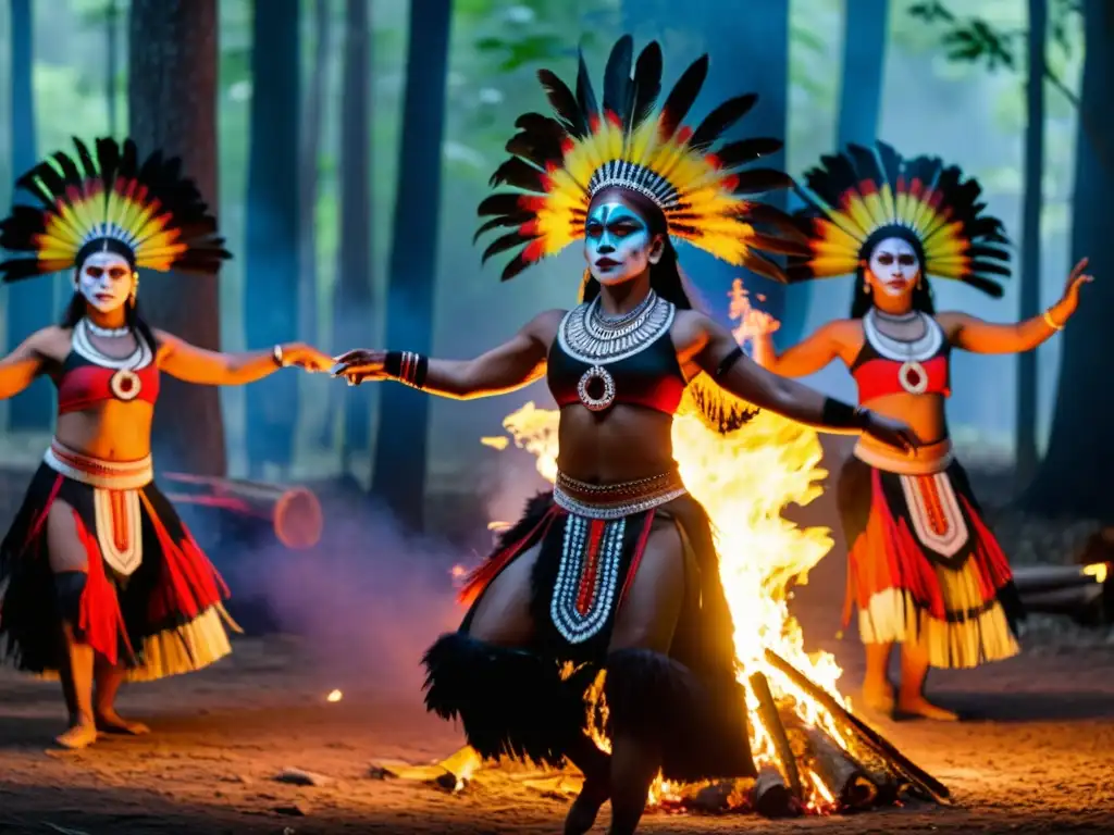 Grupo de bailarines indígenas en trajes tradicionales vibrantes, realizando danza ceremonial alrededor de una fogata en el bosque