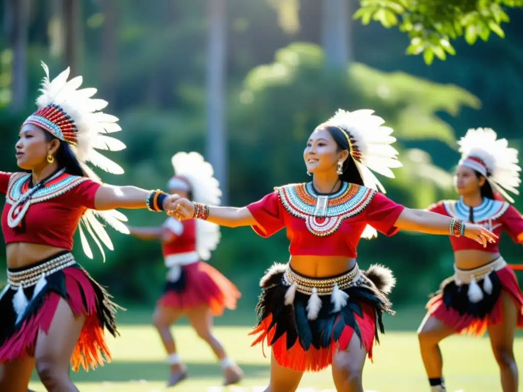 Grupo de bailarines indígenas en trajes tradicionales vibrantes realizando danza ceremonial en un claro soleado rodeado de exuberante vegetación